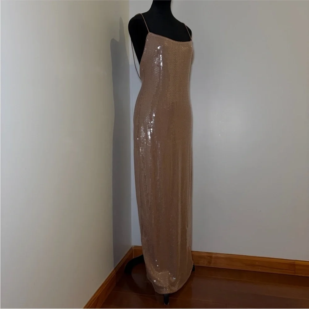 Reformation x Camille Rowe Bevelyn Dress Scoop Neck Midi Sequin Slip Size 6 Nude - Picture 2 of 14